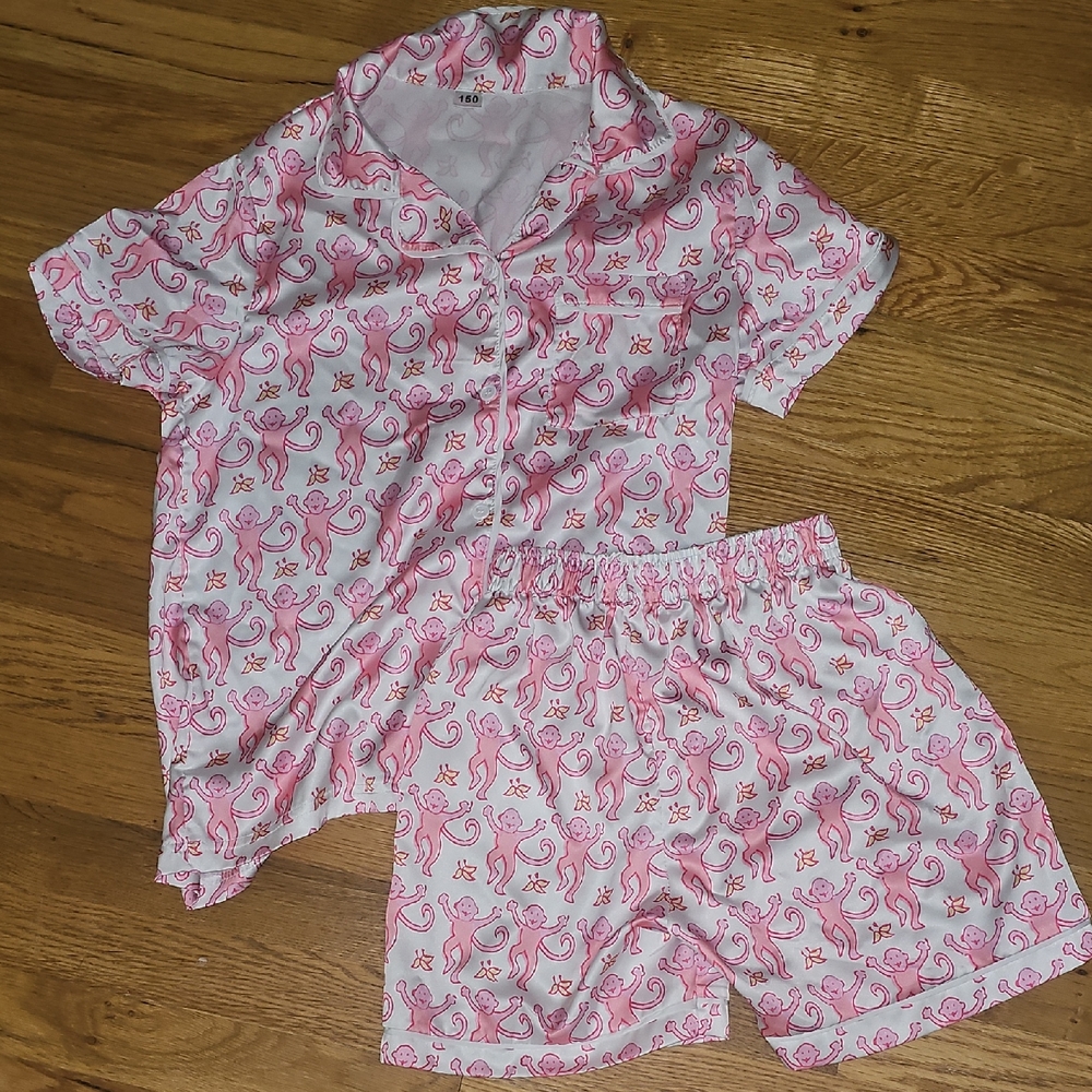 Girls White & PinK Monkey Kid Pajamas